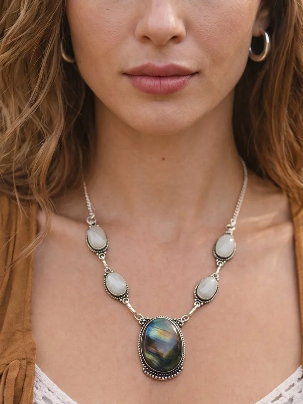 925 Silver Genuine Labradorite Moonstone Statement Necklace Whimsigoth Bohemian
